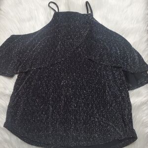 Black Asymmetrical Ruffled Sequin Blouse